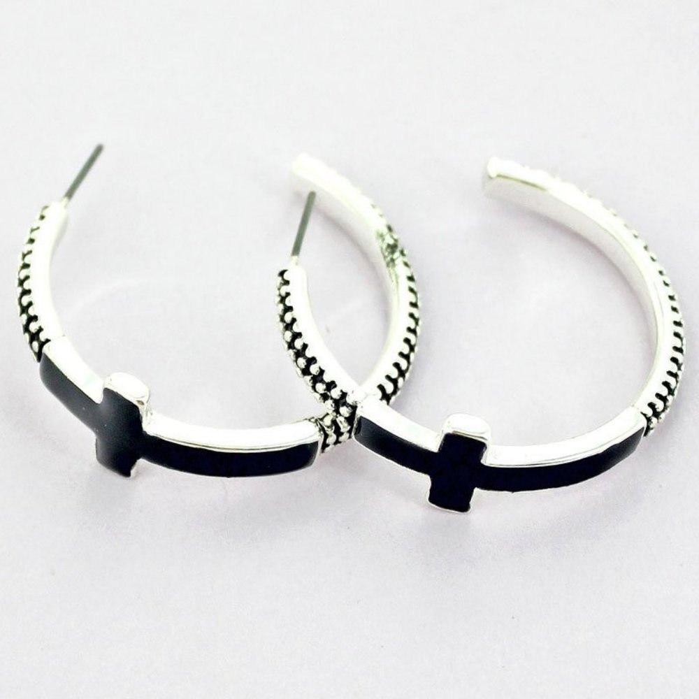 Silver & Black Cross Hoop Earrings